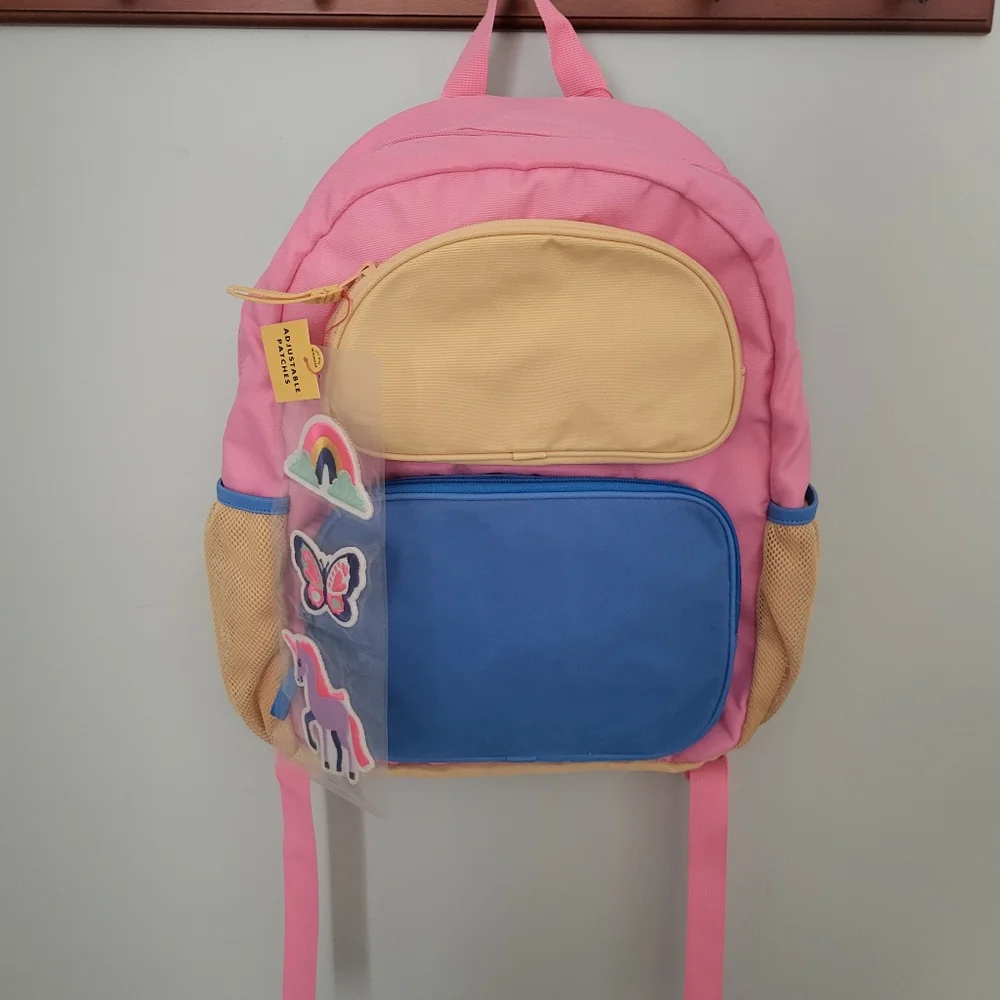 Cat & Jack Girls backpack adjustable patches School Travel Camp Pink Blue Yellow